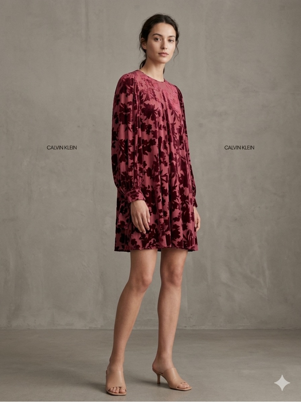 Calvin Klein Burgundy Pink Floral Velvet Puff Sleeve Shift Short Dress Sz 8